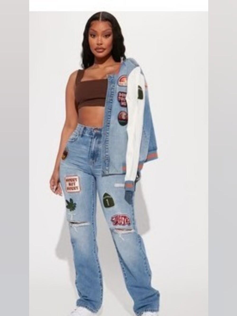 So Cute & FUN!! Fashion Nova Light Blue High-Rise Wide Leg Patchwork Jeans - Picture 6 of 6